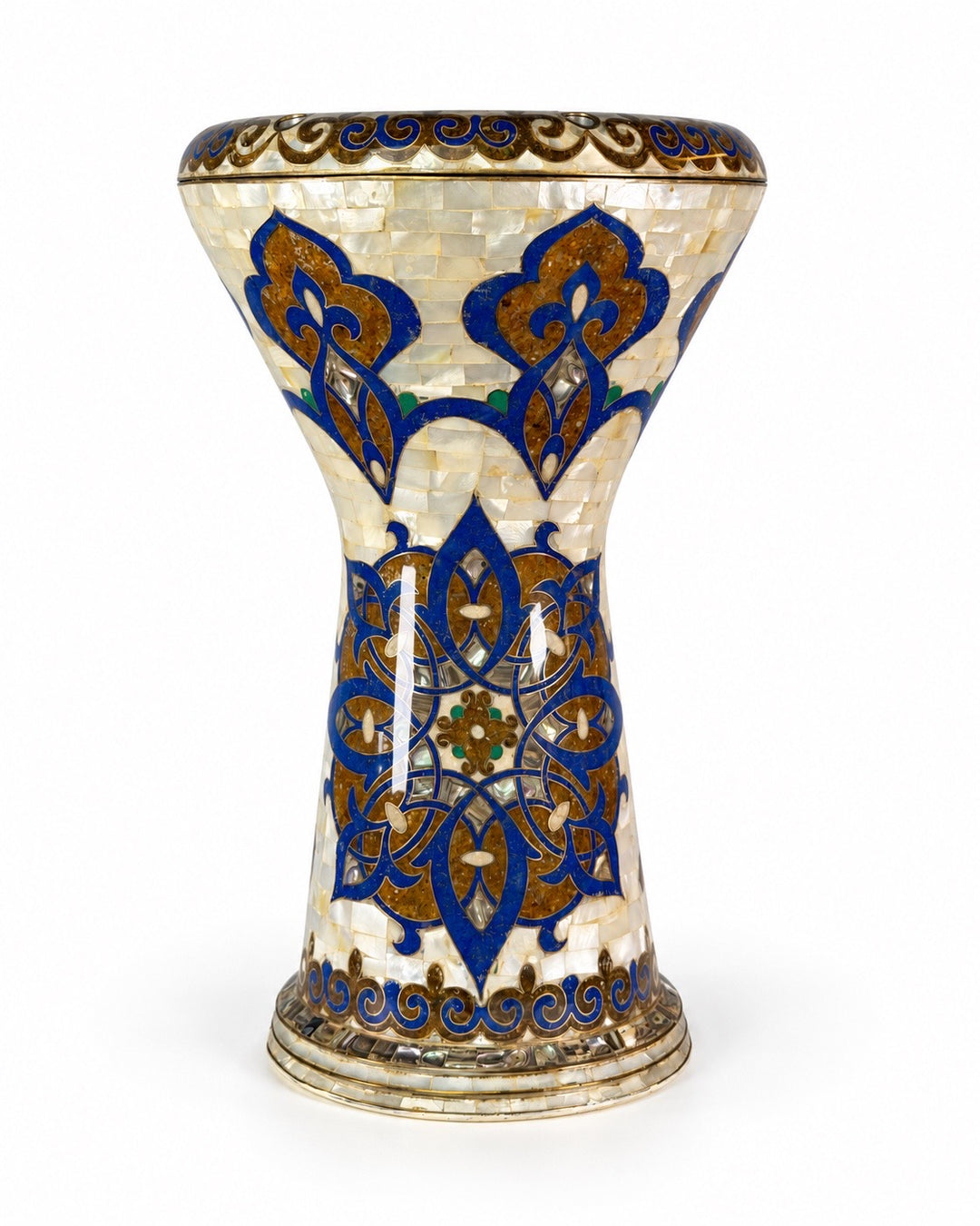 Sala Azure Arabesque Sombaty darbuka standing upright, showing cobalt-blue and gold-toned floral mosaic on an ivory background.